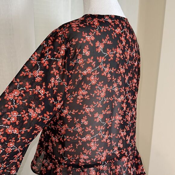 bar III L Black Red White Floral Long Sleeve Tie Front Peplum Ruffle Blouse - Picture 7 of 12